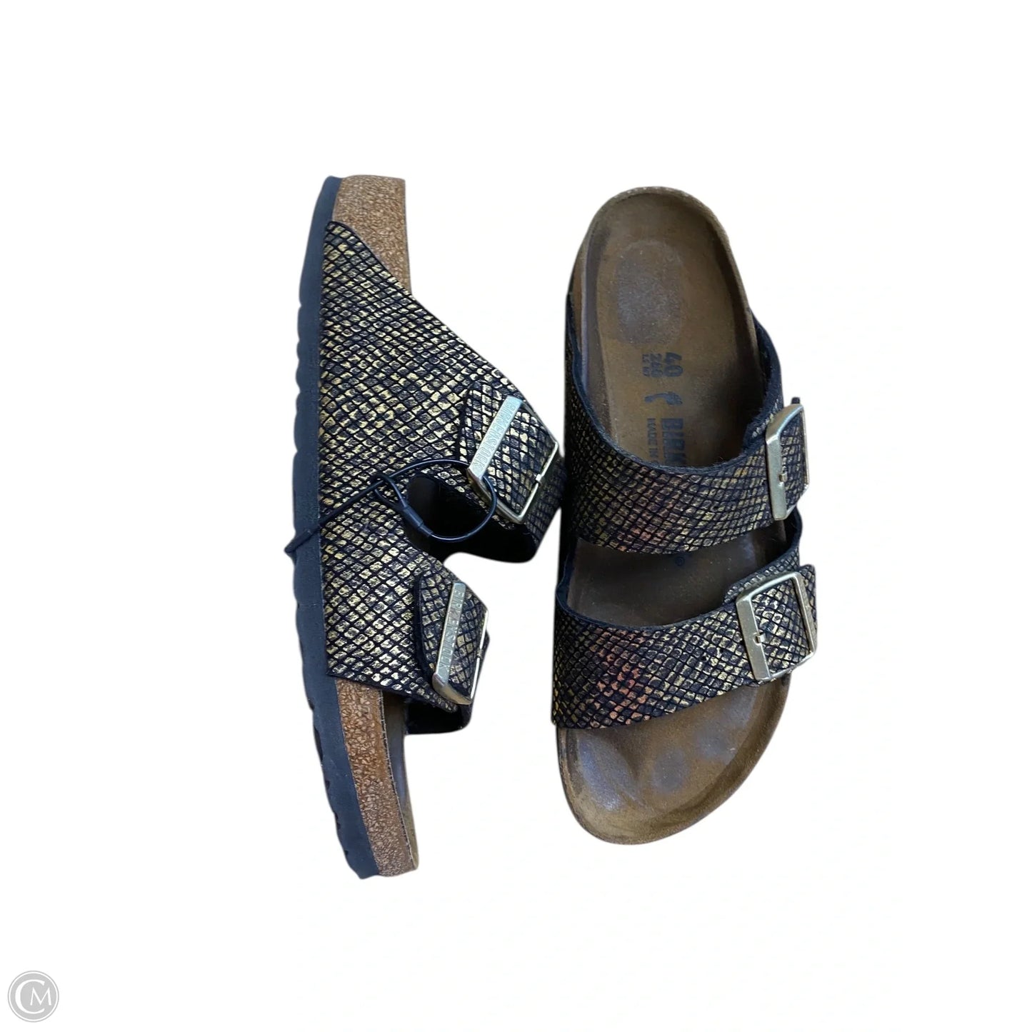 Sandals Flats By Birkenstock In Black & Gold, Size: 9