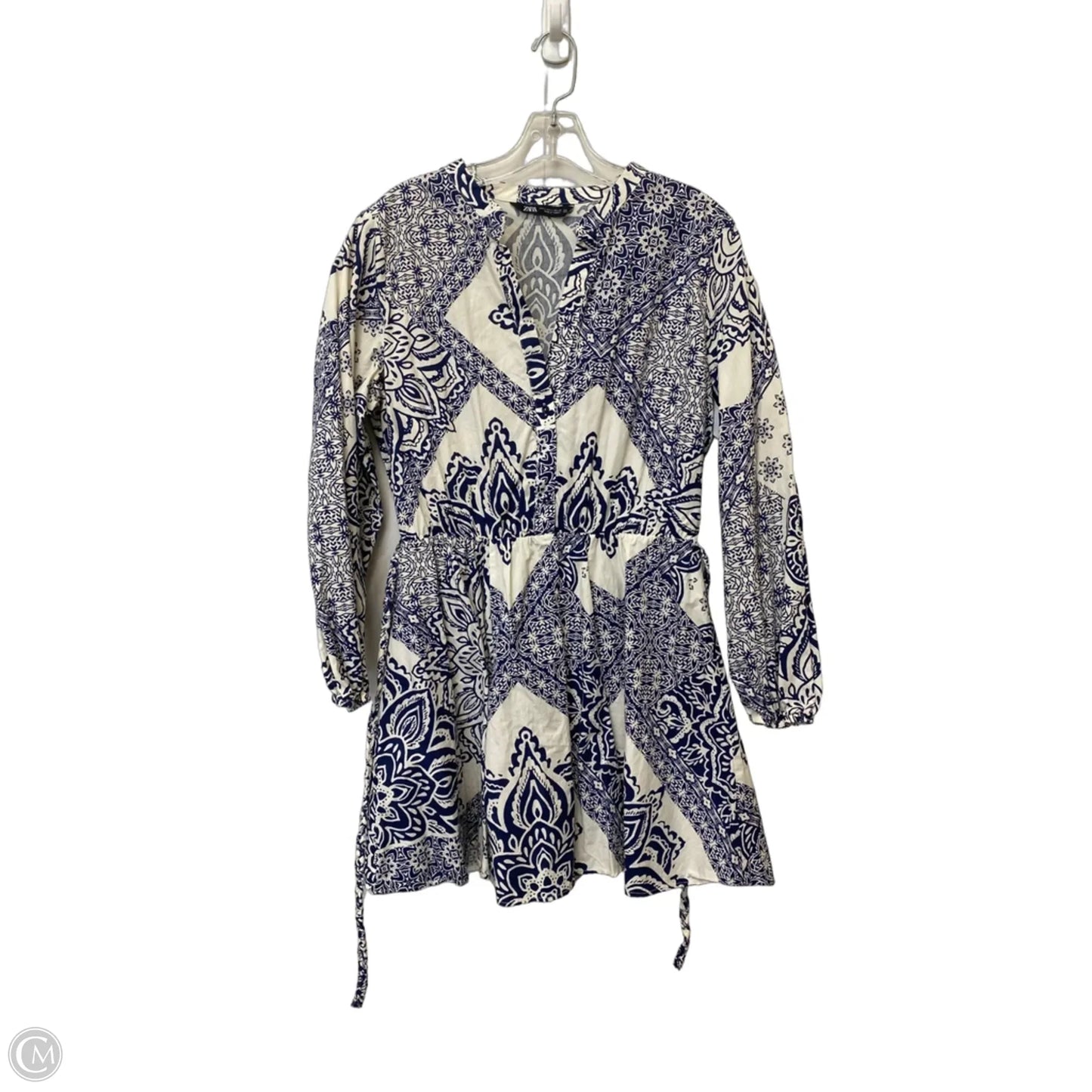 Dress Casual Midi By Zara In Blue & Cream, Size: L