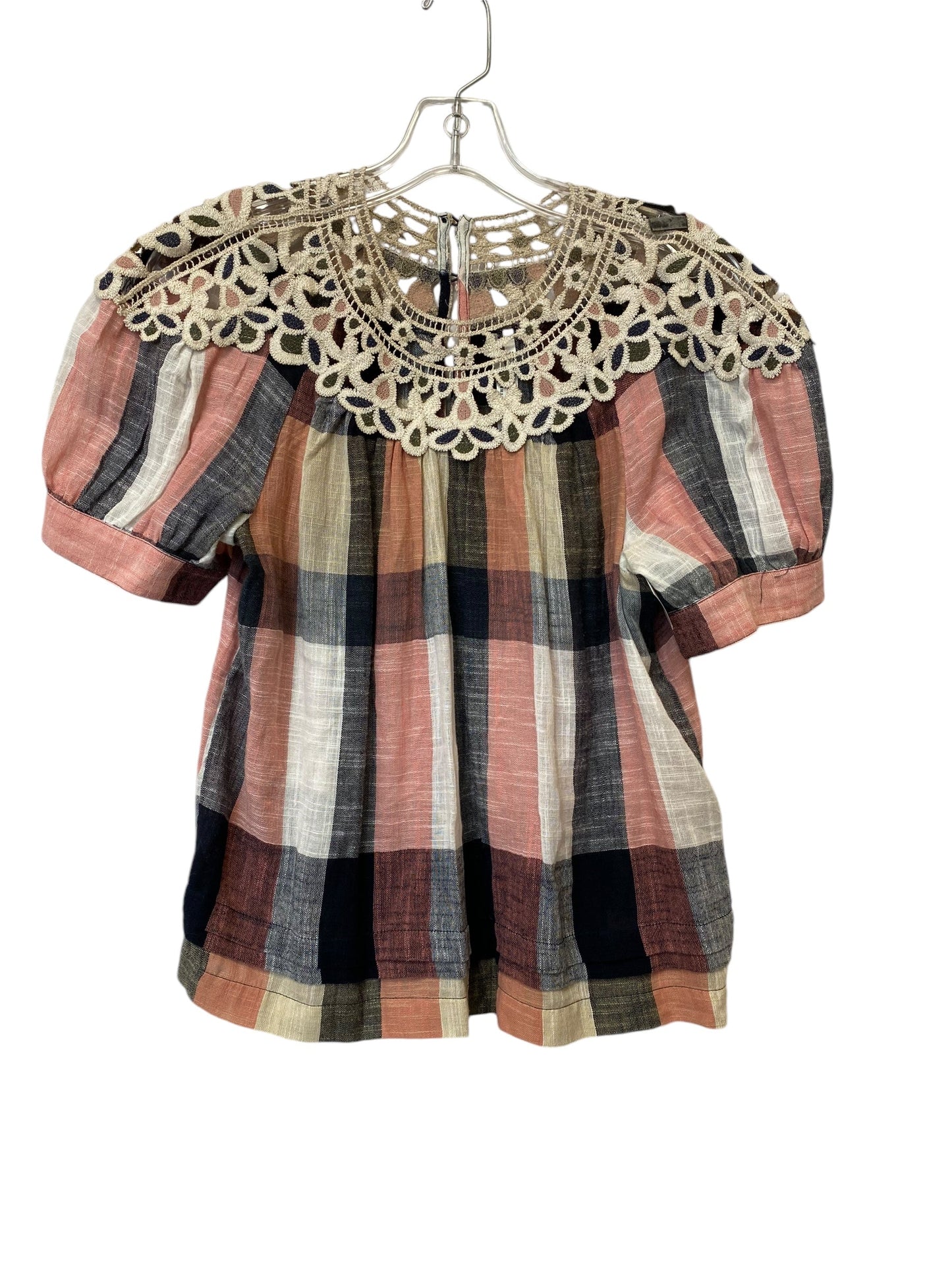 Top Short Sleeve By Anthropologie In Plaid Pattern, Size: Xs