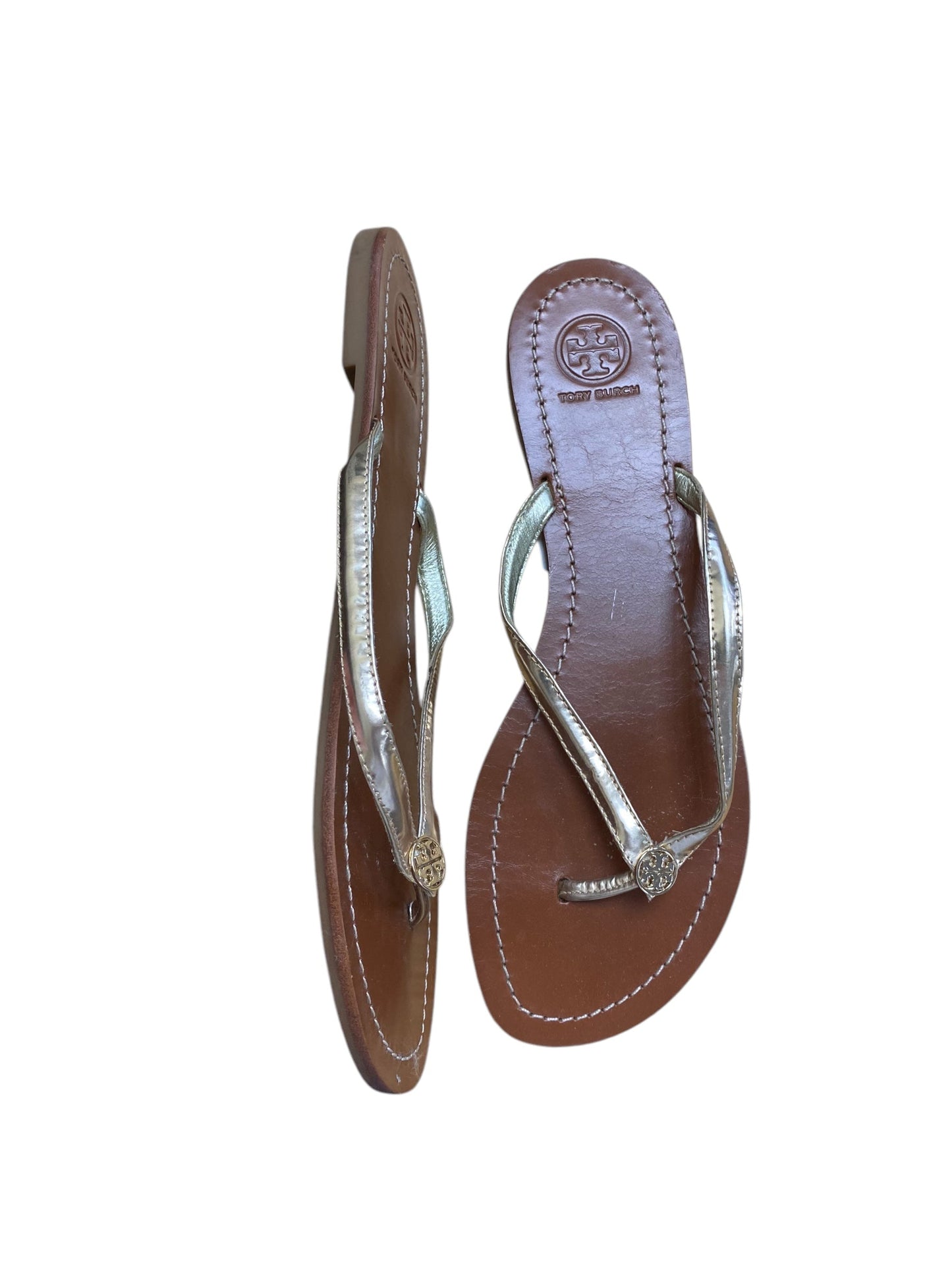 Sandals Flip Flops By Tory Burch In Brown & Gold, Size: 9.5