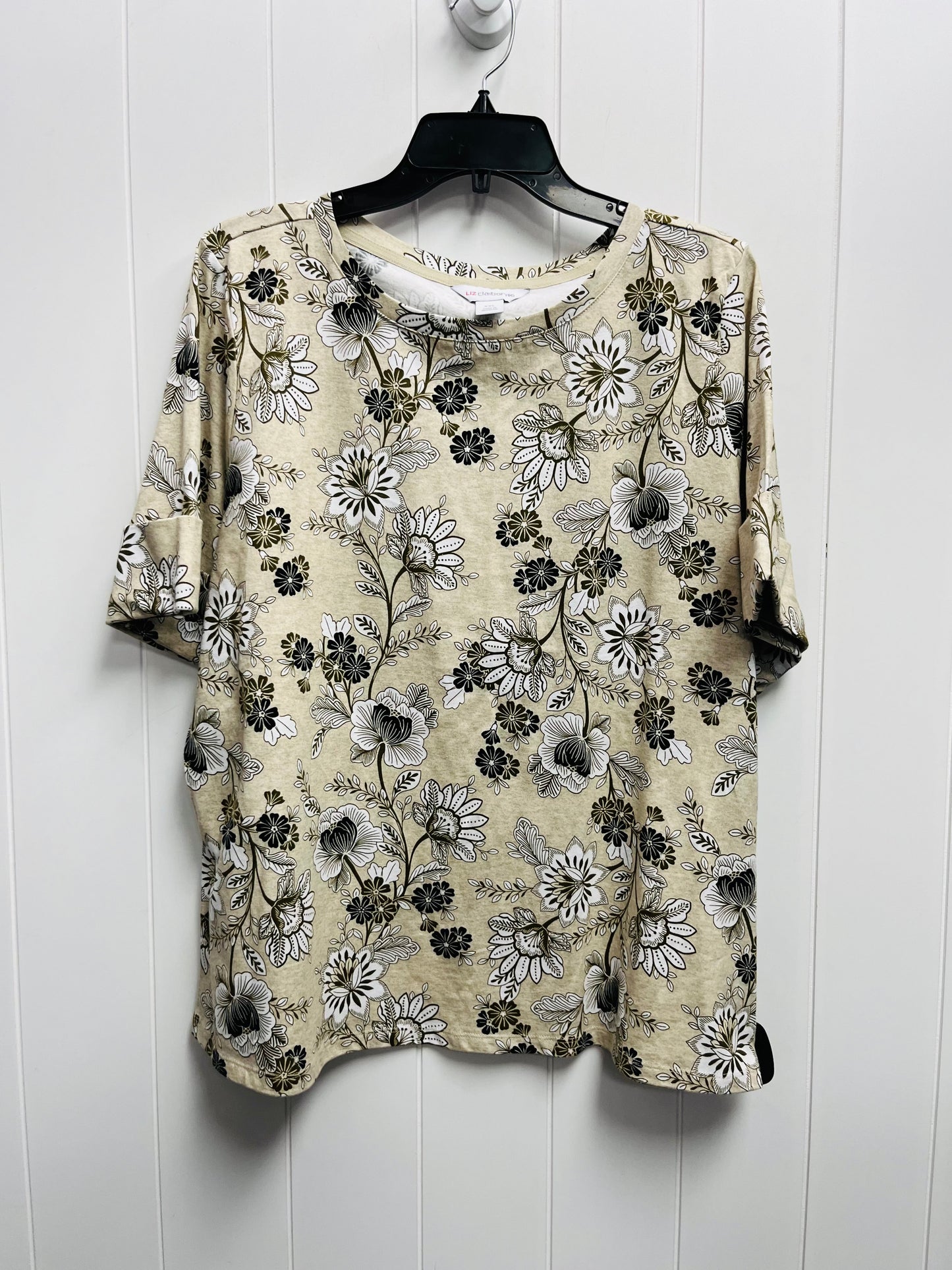 Top Short Sleeve By Liz Claiborne In Tan & White, Size: Xxl