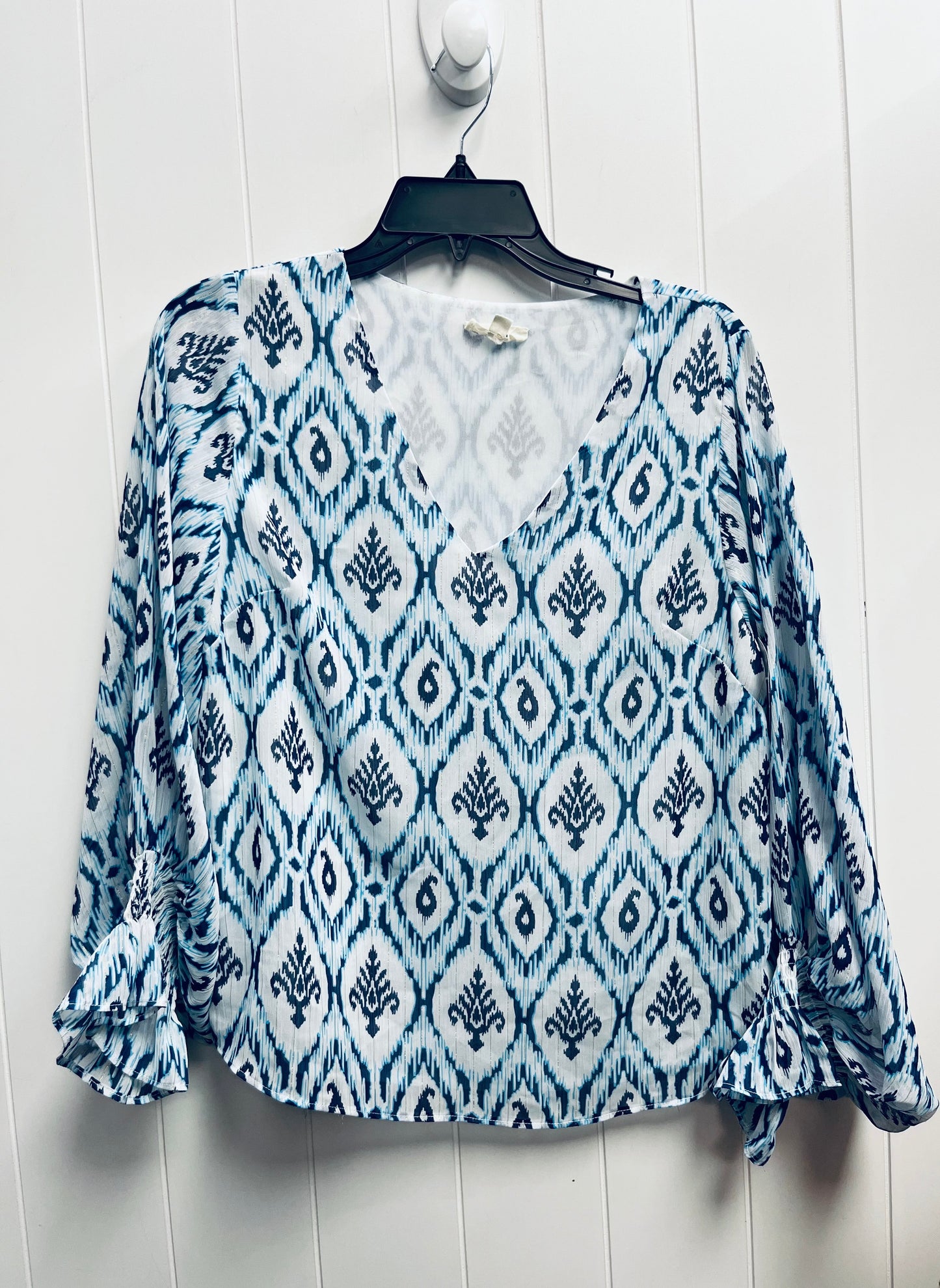 Blouse Long Sleeve By Eesome In Blue & White, Size: S