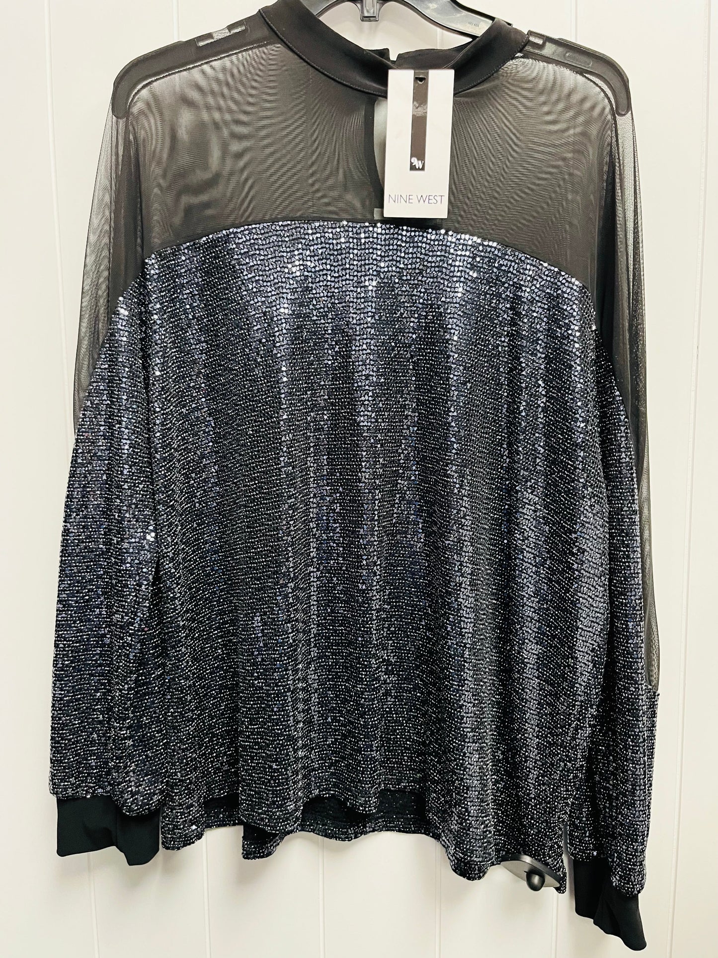 Blouse Long Sleeve By Nine West Apparel In Black & Silver, Size: L