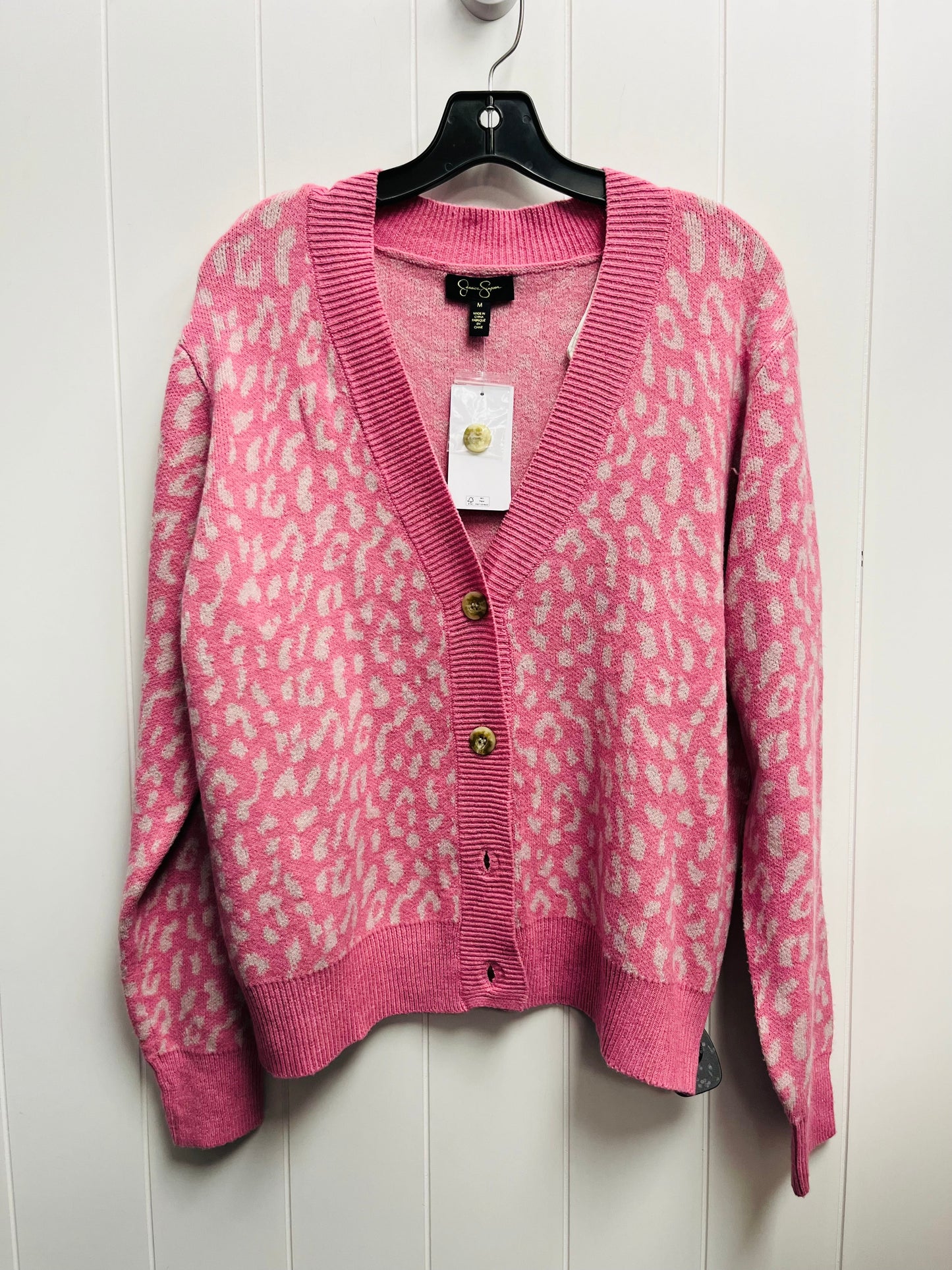 Sweater Cardigan By Jessica Simpson In Pink & White, Size: M