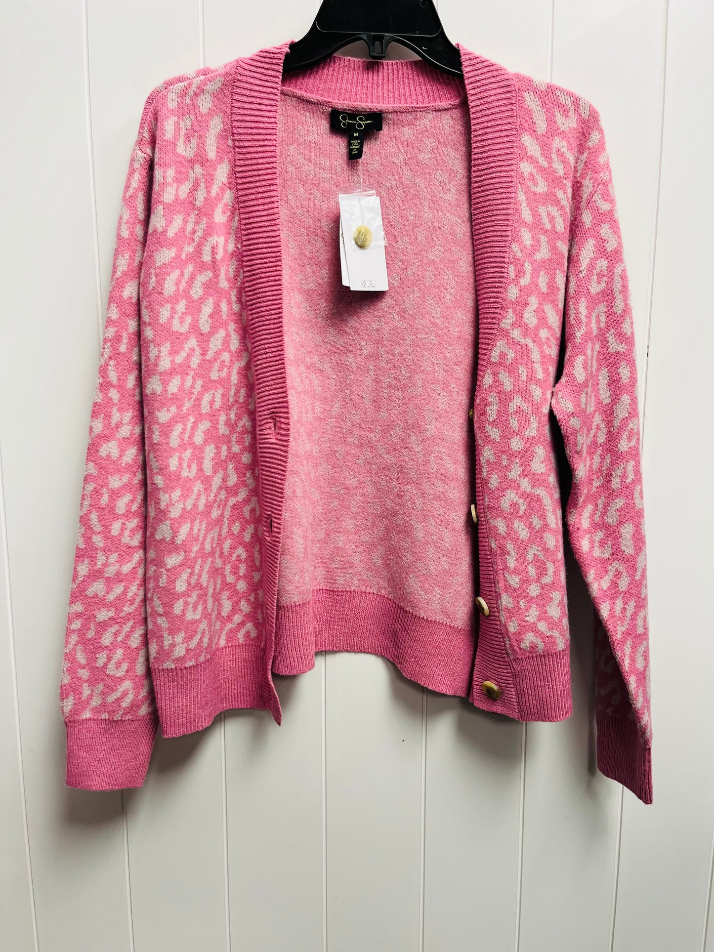 Sweater Cardigan By Jessica Simpson In Pink & White, Size: M