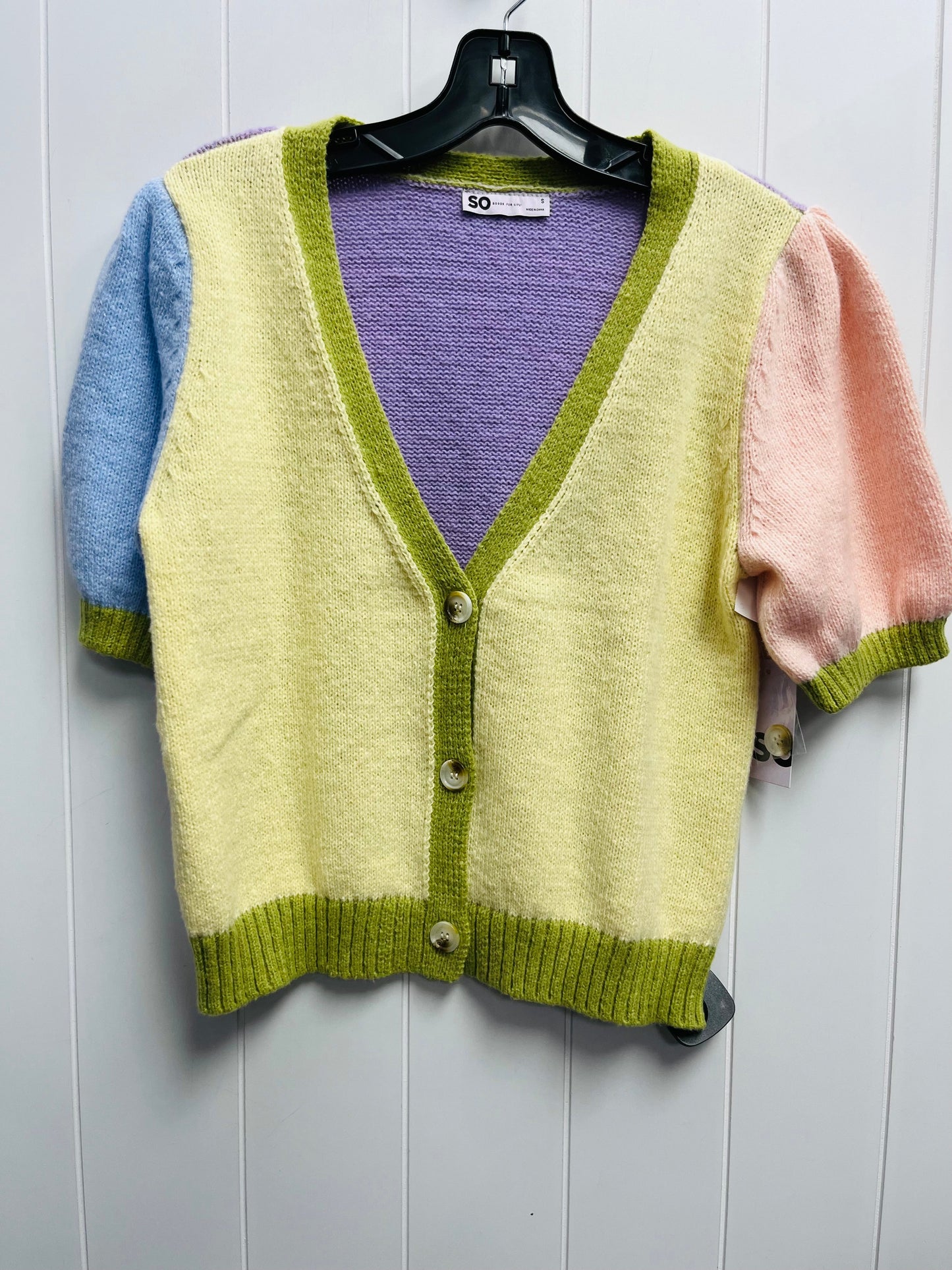 Sweater Cardigan By So In Green & Yellow, Size: S