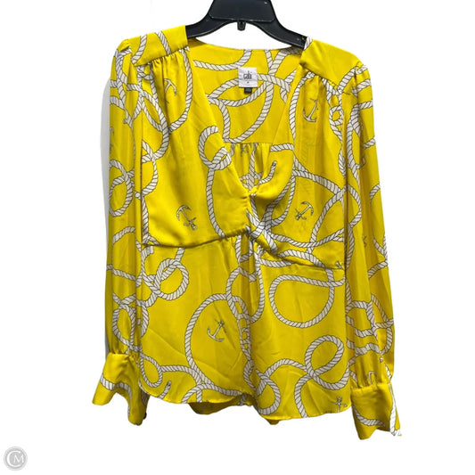 Top Long Sleeve By Cabi In White & Yellow, Size: M