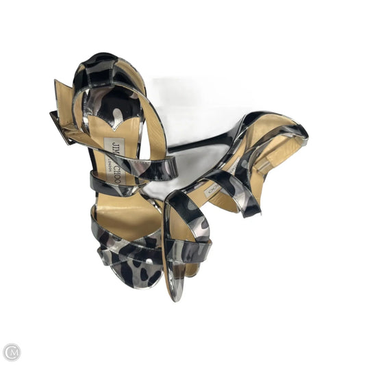Sandals Luxury Designer By Jimmy Choo In Black & Silver, Size: 6
