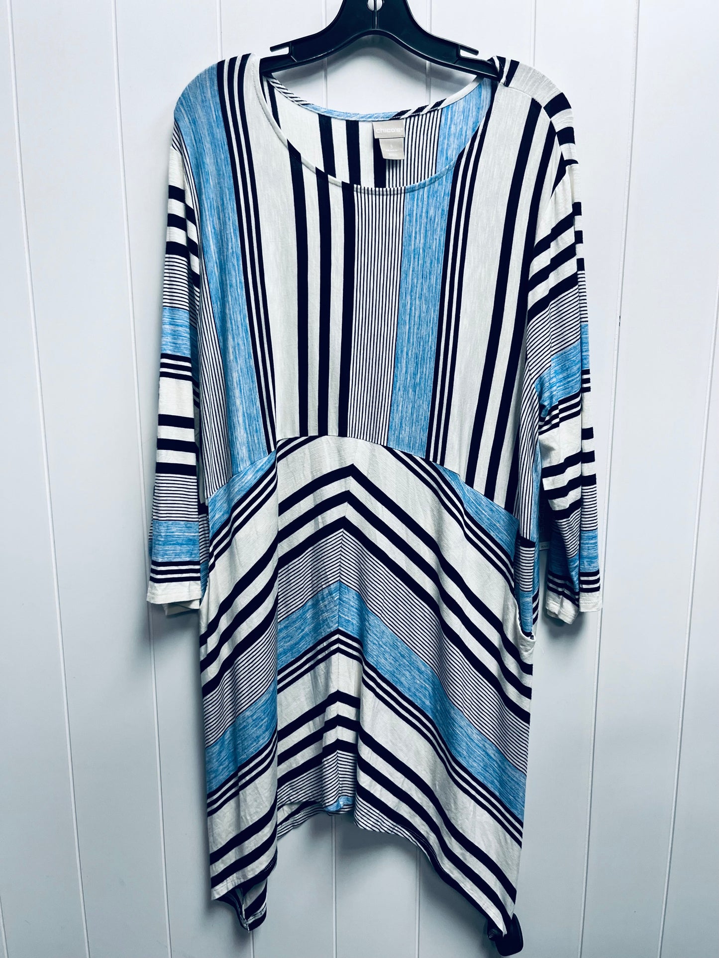 Blue White Tunic Long Sleeve Chicos O, Size Xl