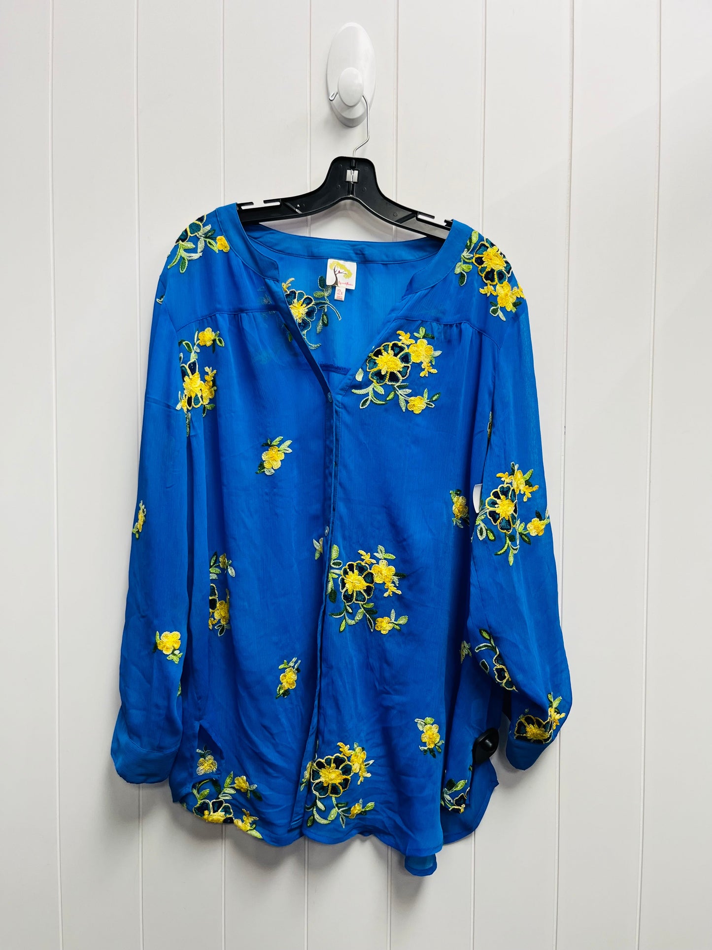 Blouse Long Sleeve By Figuero & Flower In Blue & Yellow, Size: 2x