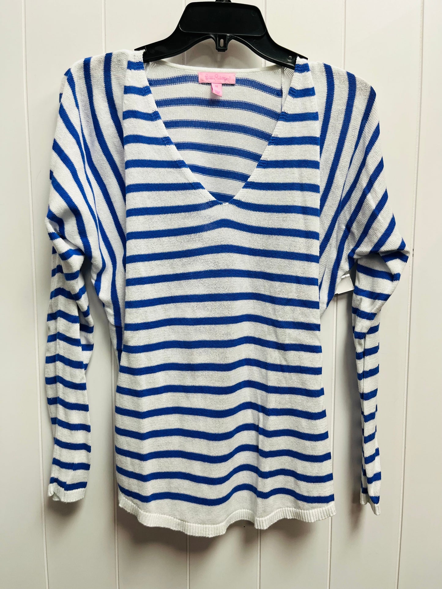 Sweater Cardigan Designer By Lilly Pulitzer In Blue & White, Size: M