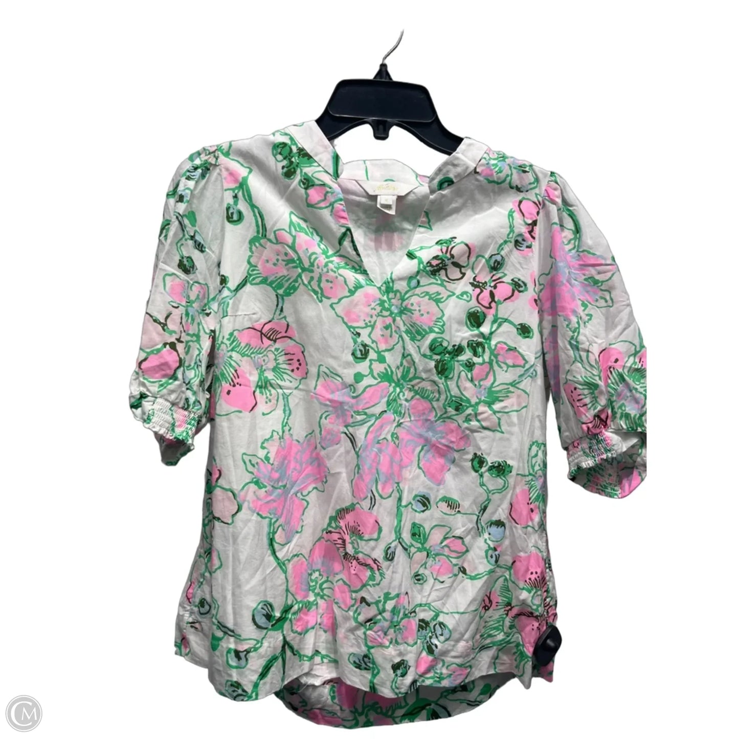 Top Short Sleeve Designer By Lilly Pulitzer In Green & Pink, Size: S