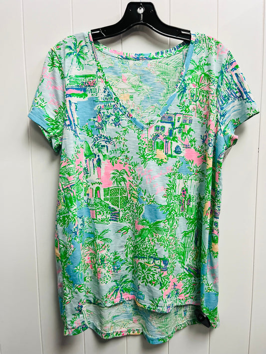 Top Short Sleeve Designer By Lilly Pulitzer In Blue & Pink, Size: M