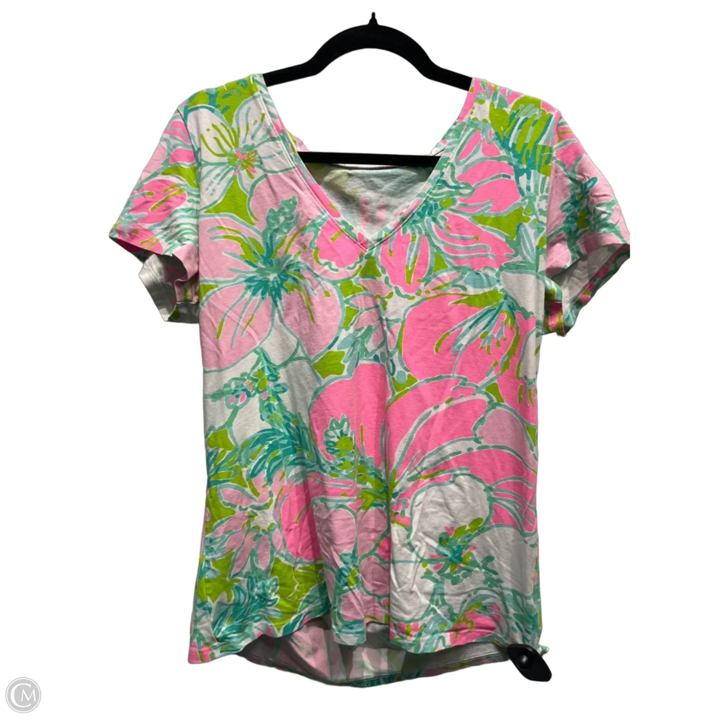 Top Short Sleeve Designer By Lilly Pulitzer In Green & Pink, Size: Xl