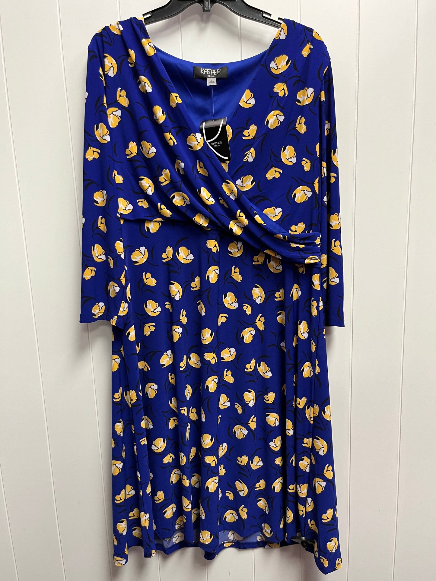 Blue & Yellow Dress Casual Midi Kasper, Size Xl