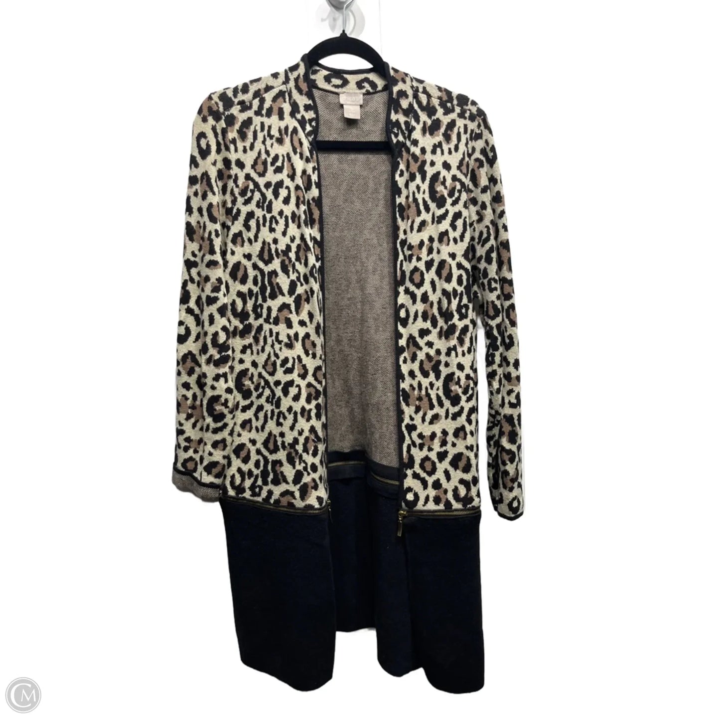 Sweater Cardigan By Chicos In Brown & Cream, Size: L