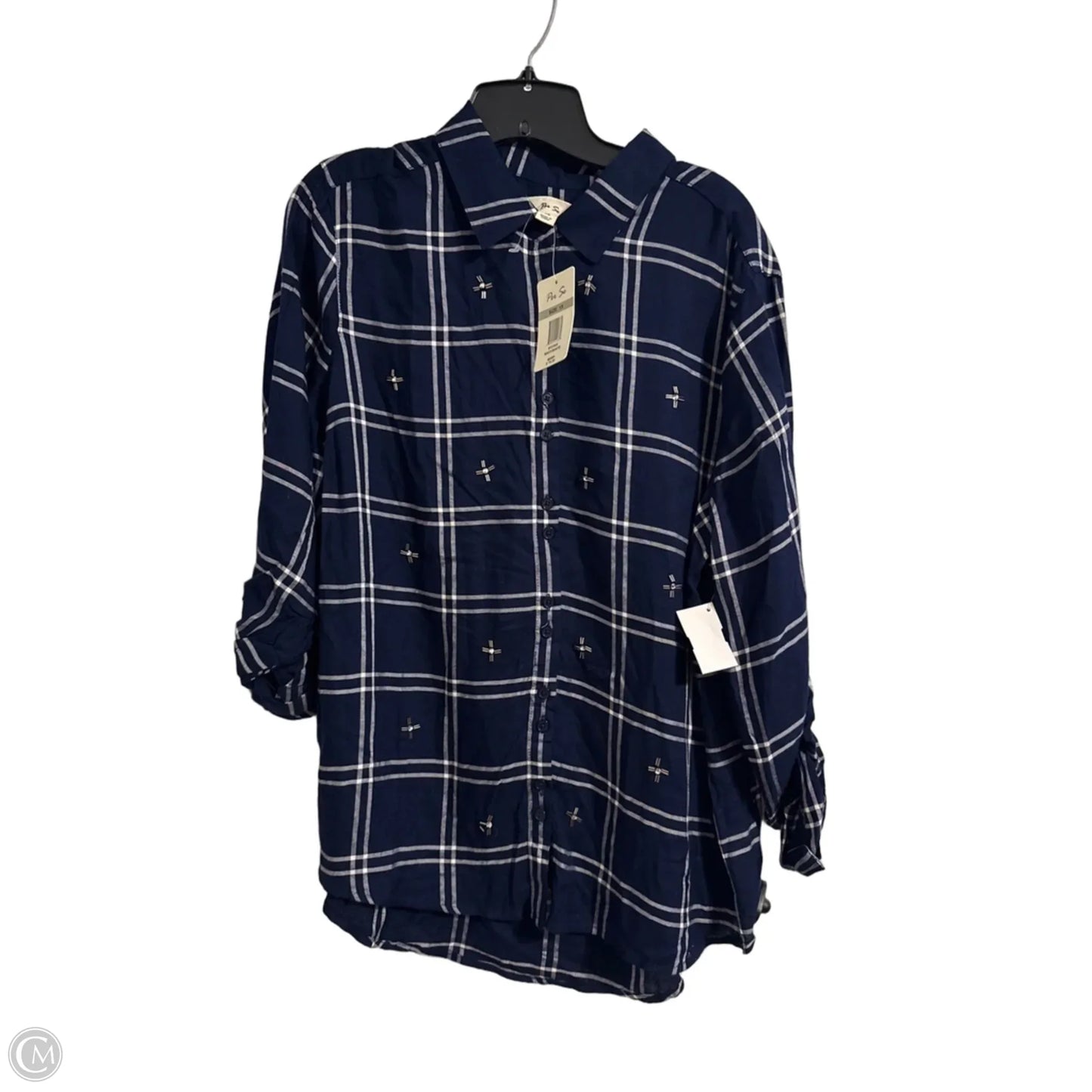 Top Long Sleeve By Per Se In Blue & White, Size: 1x
