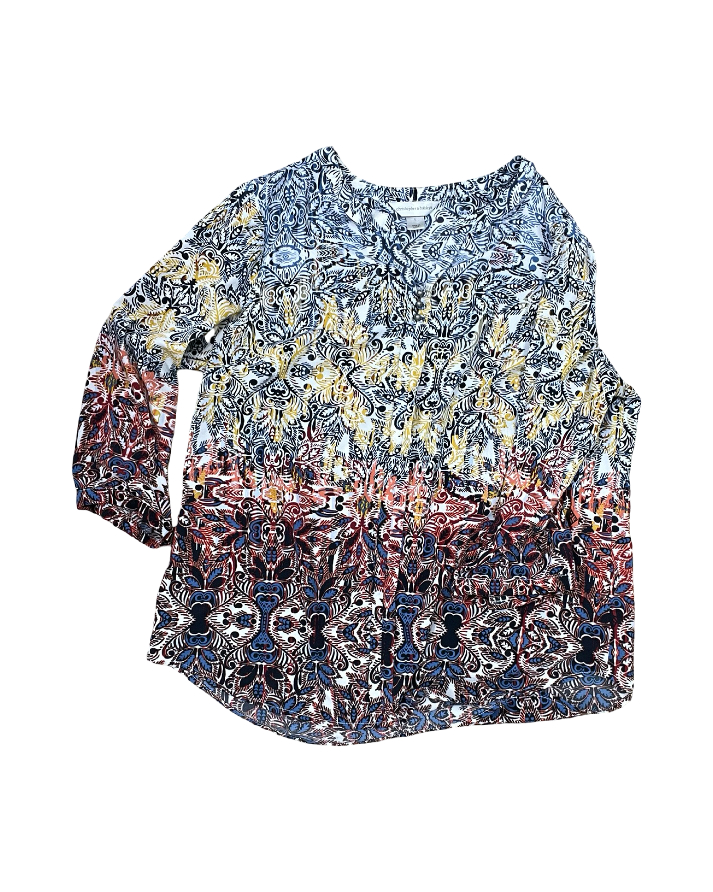 Top 3/4 Sleeve By Christopher And Banks In Blue & Yellow, Size:L