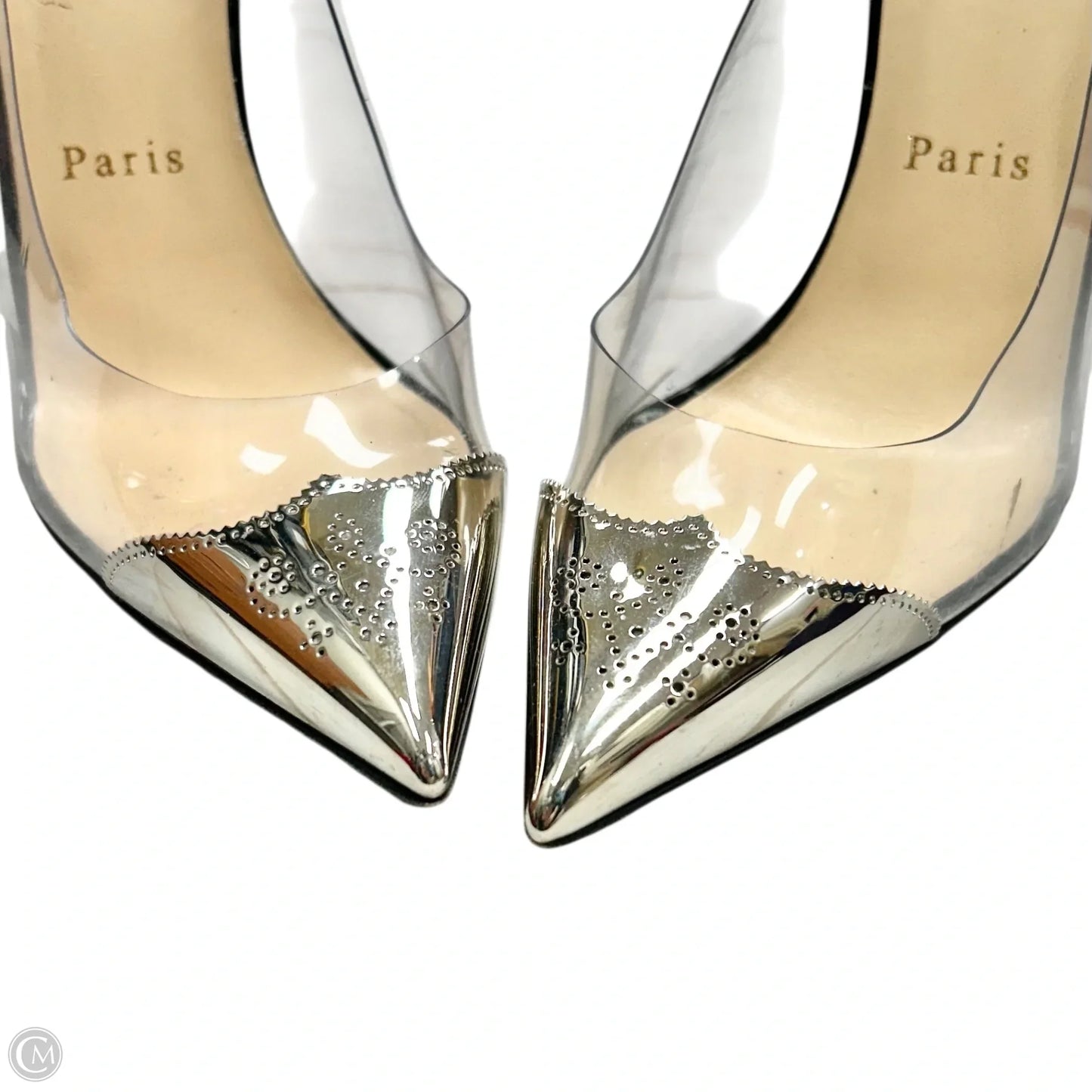 Shoes Luxury Designer By Christian Louboutin In Black & Silver, Size: 7