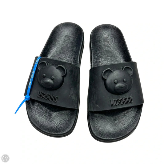 Sandals Luxury Designer By Moschino In Black, Size: 6.5