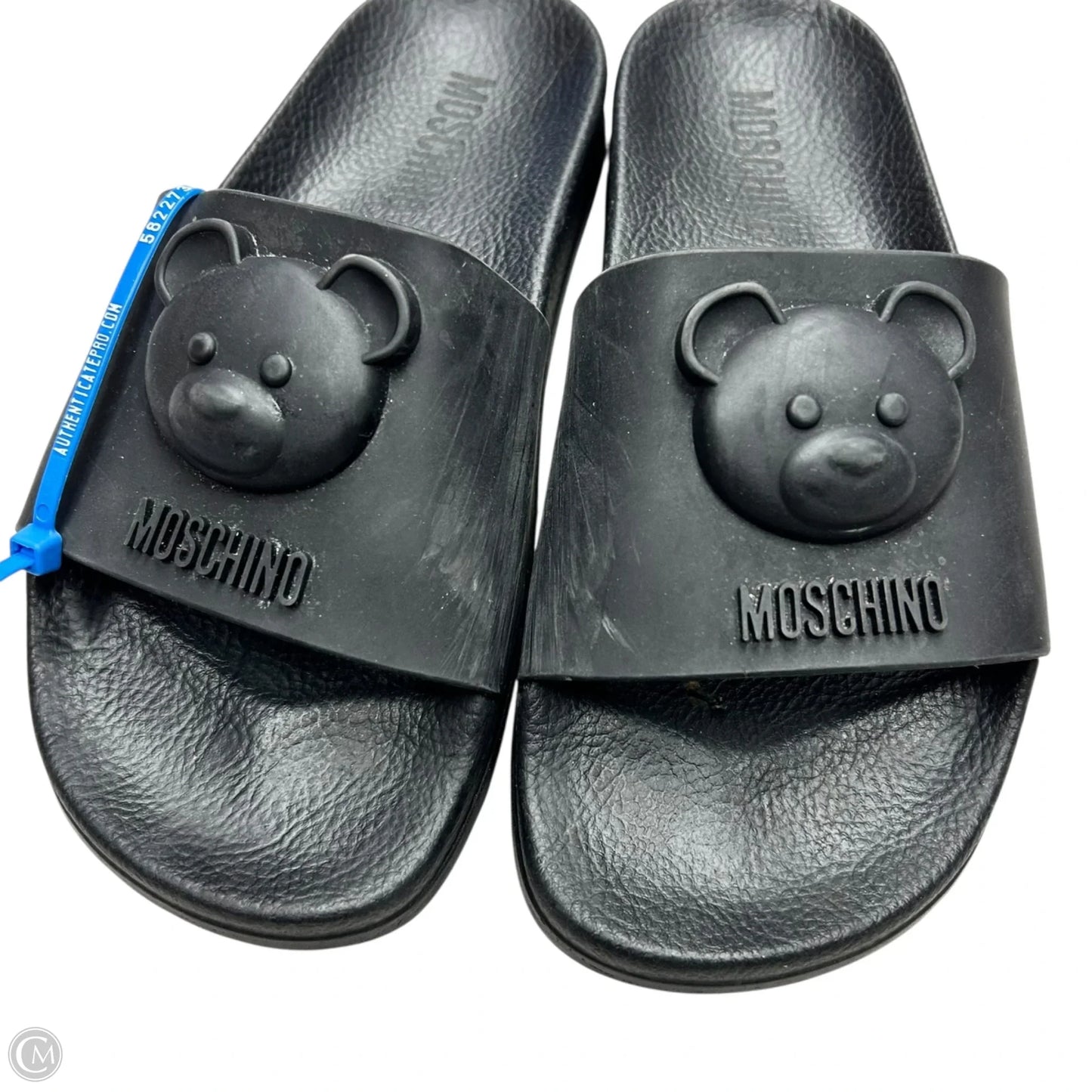 Sandals Luxury Designer By Moschino In Black, Size: 6.5