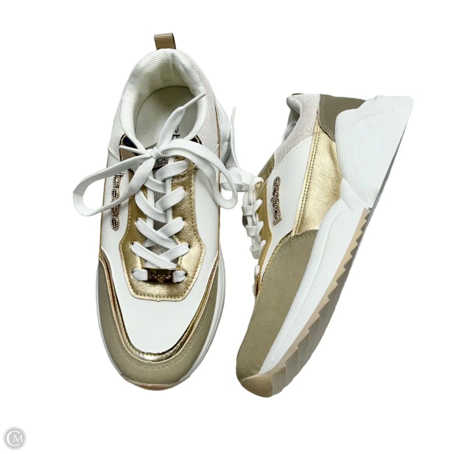 Shoes Sneakers By Bebe In White & Gold, Size: 9