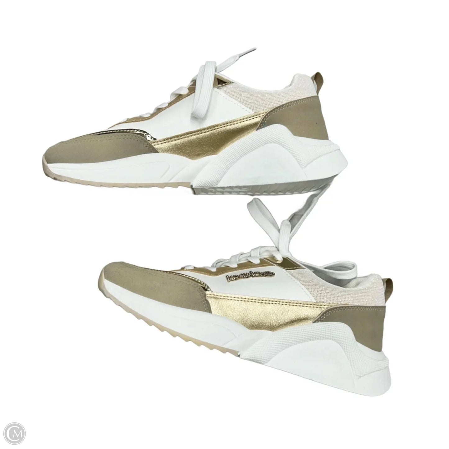Shoes Sneakers By Bebe In White & Gold, Size: 9