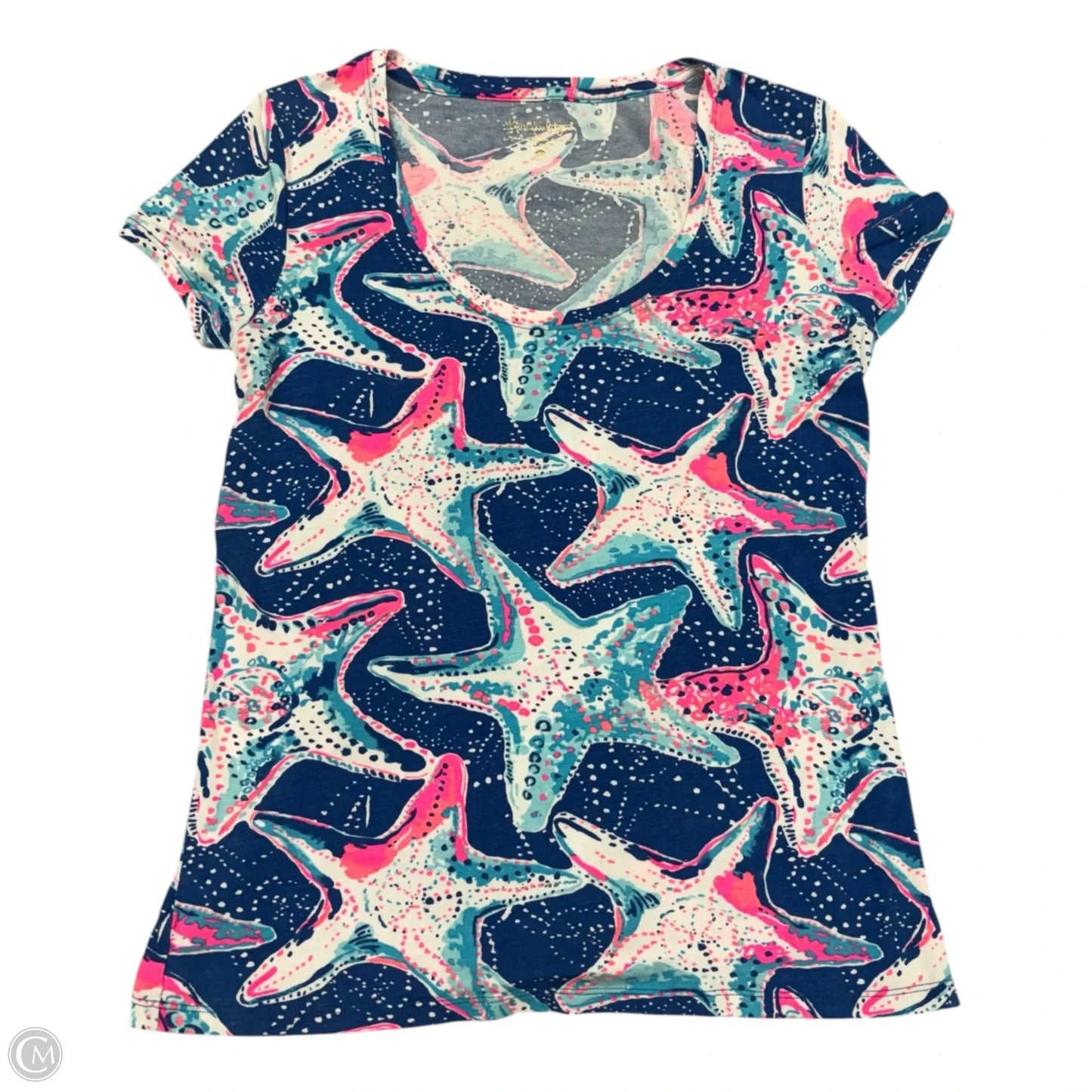 Top Short Sleeve Designer By Lilly Pulitzer In Blue & White, Size: S