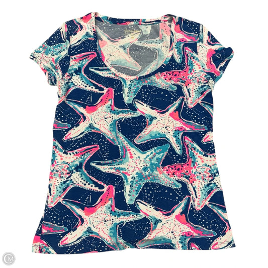 Top Short Sleeve Designer By Lilly Pulitzer In Blue & White, Size: S