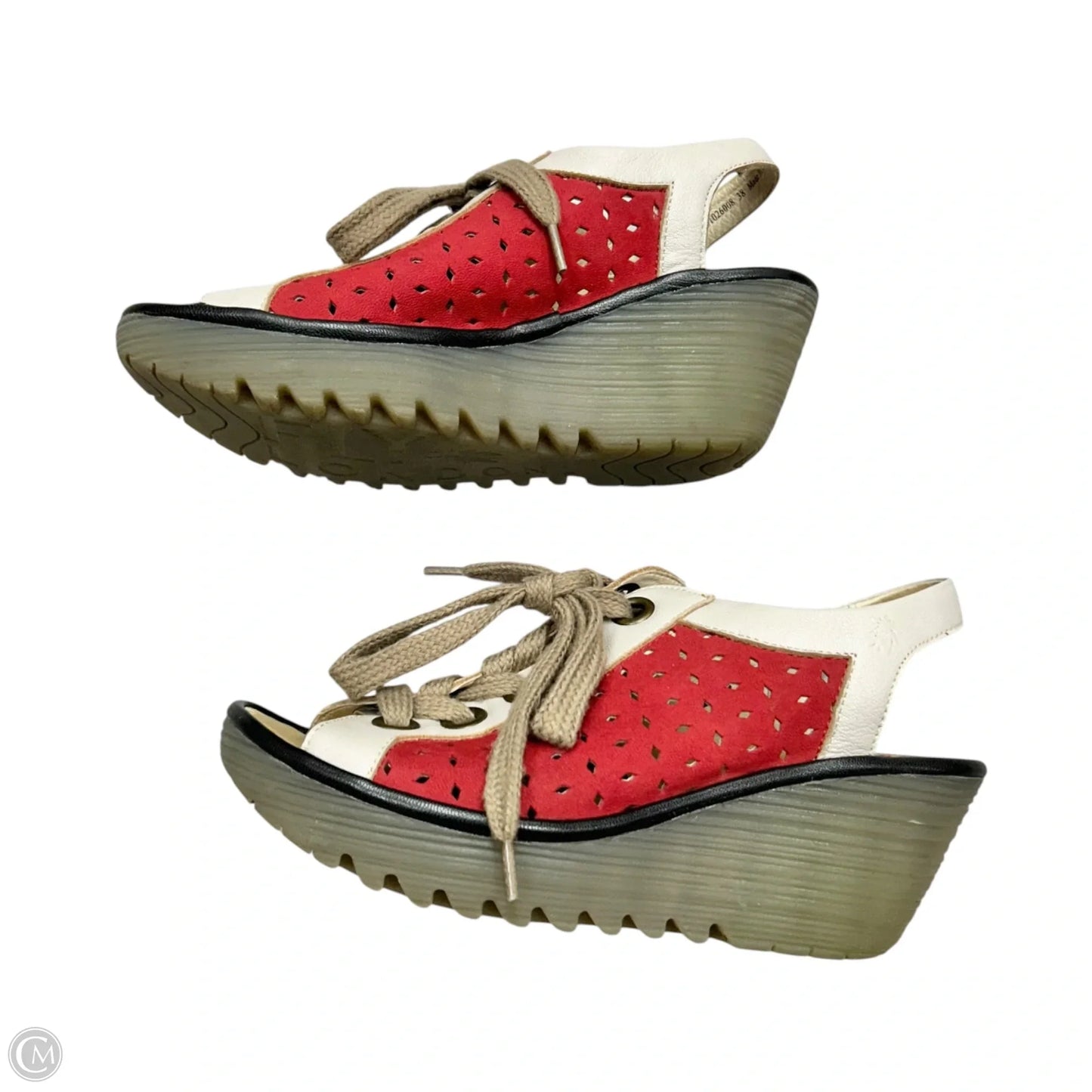 Sandals Heels Wedge By Fly London In Red & Tan, Size: 7.5