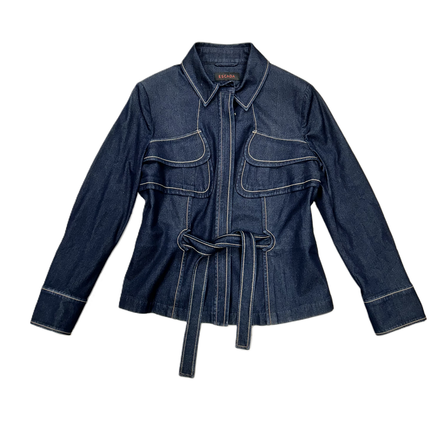 Jacket Designer By Escada In Blue Denim, Size: S