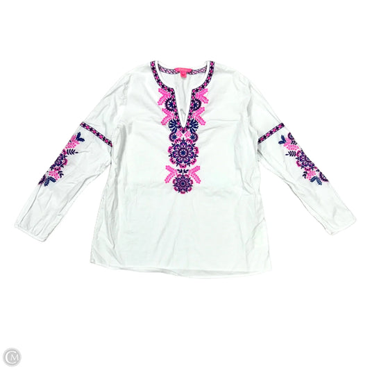 Top Long Sleeve Designer By Lilly Pulitzer In Pink & White, Size: M