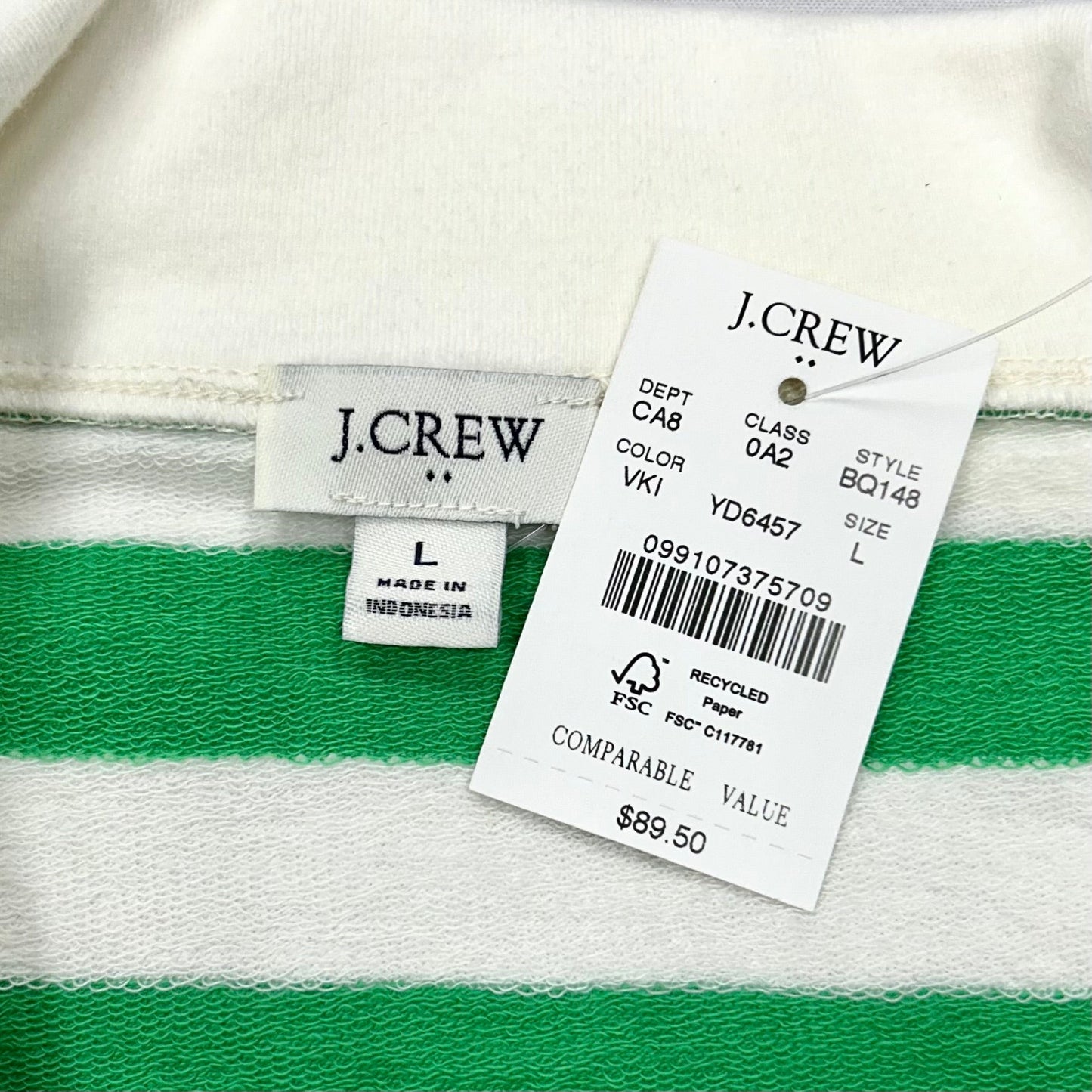 Top Long Sleeve By J. Crew In Green & White, Size: L