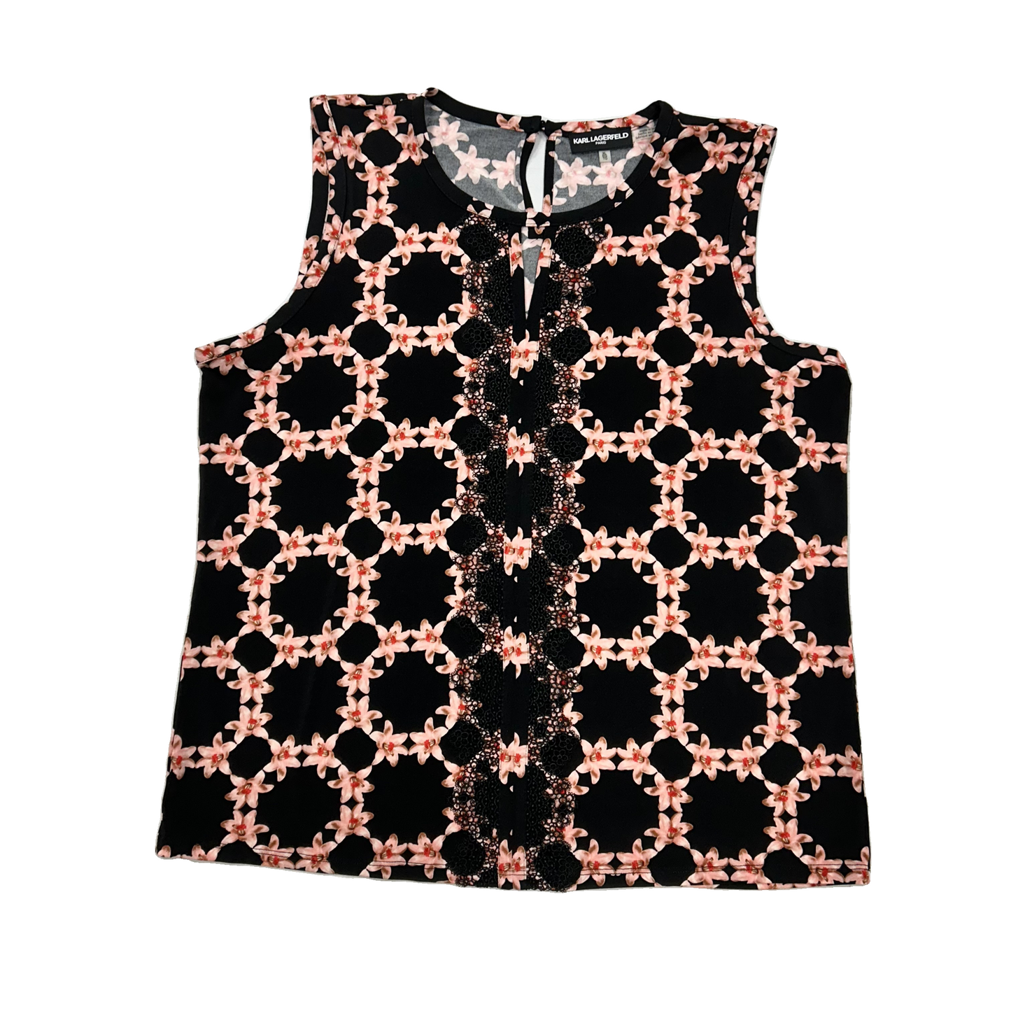 Top Sleeveless Designer By Karl Lagerfeld In Black & Pink, Size: Xl