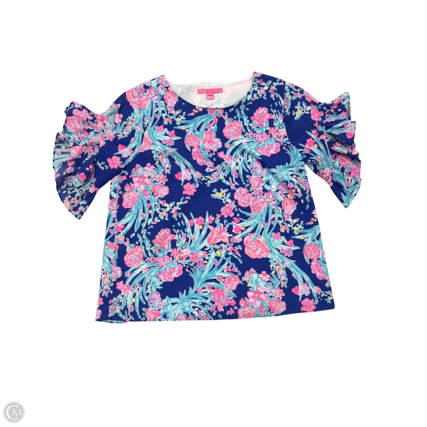 Top Short Sleeve Designer By Lilly Pulitzer In Blue & Pink, Size: M
