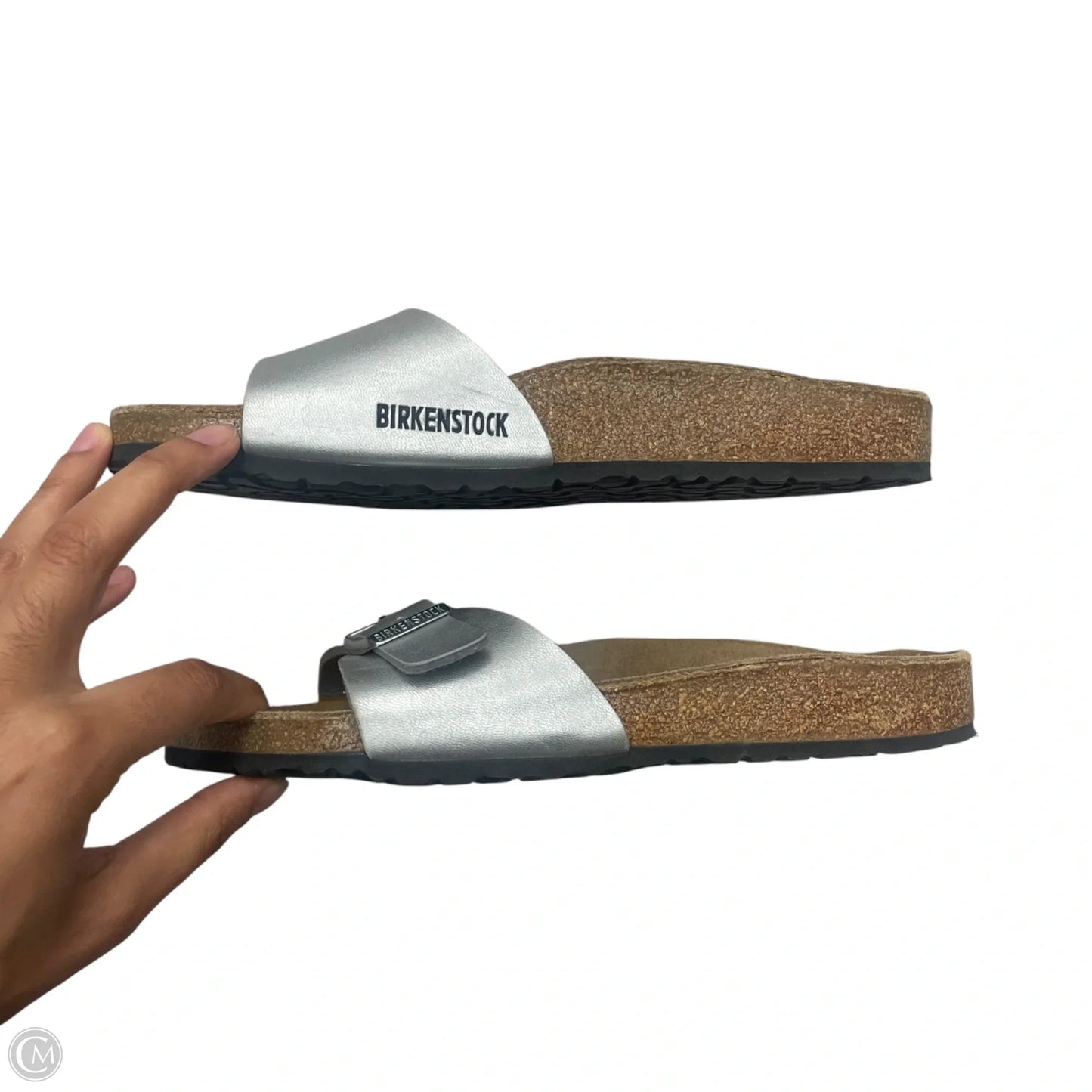 Sandals Flats By Birkenstock In Silver, Size: 11