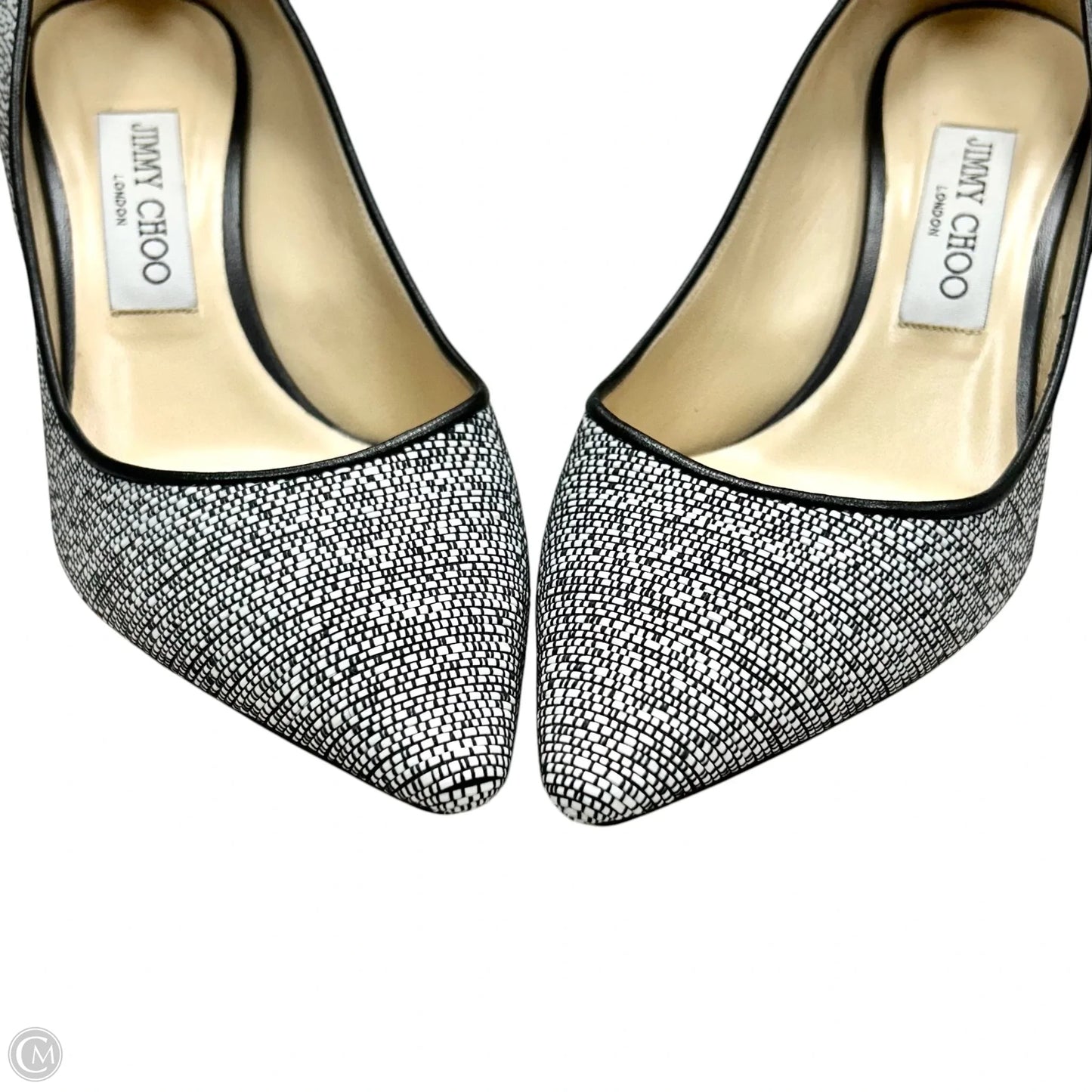 Shoes Luxury Designer By Jimmy Choo In Black & White, Size: 7.5
