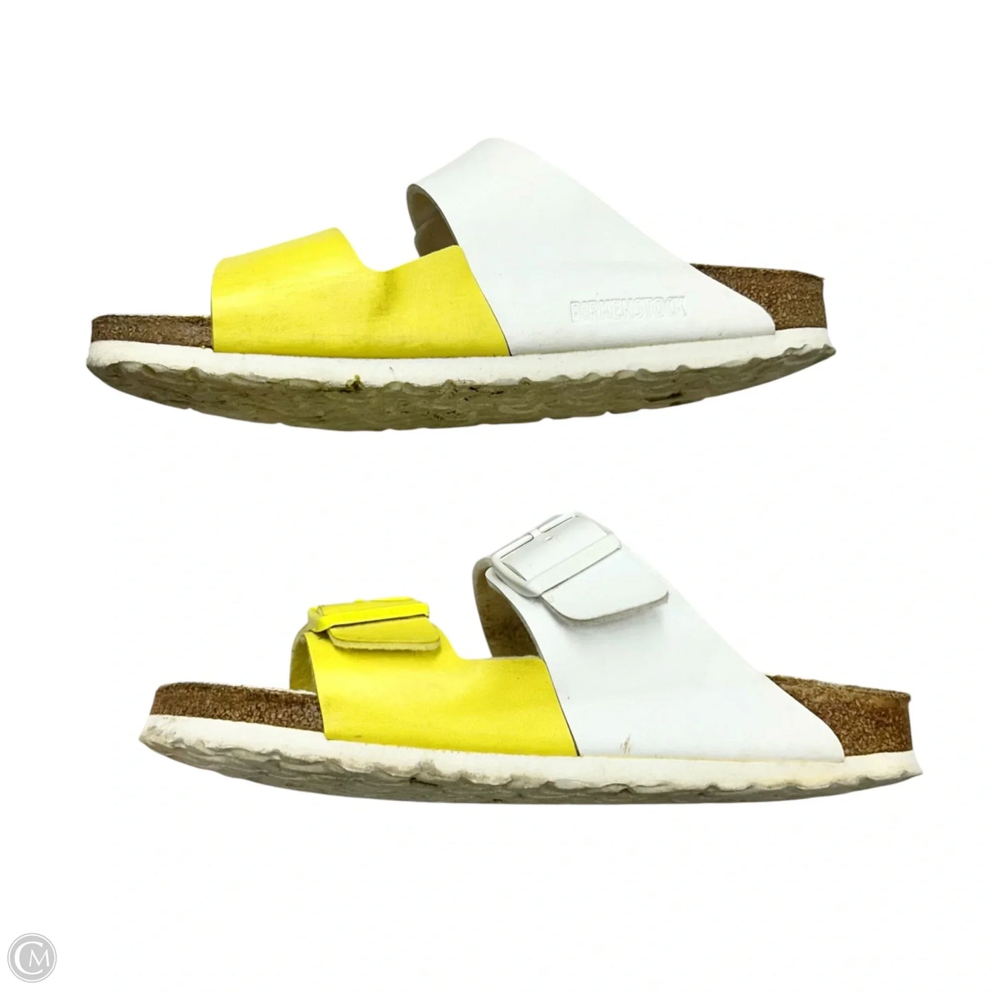 Sandals Flats By Birkenstock In White & Yellow, Size: 8