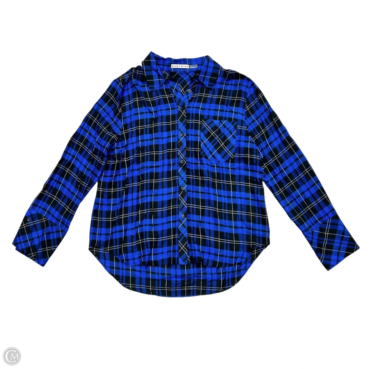 Top Long Sleeve Designer By Alice + Olivia In Black & Blue, Size: S