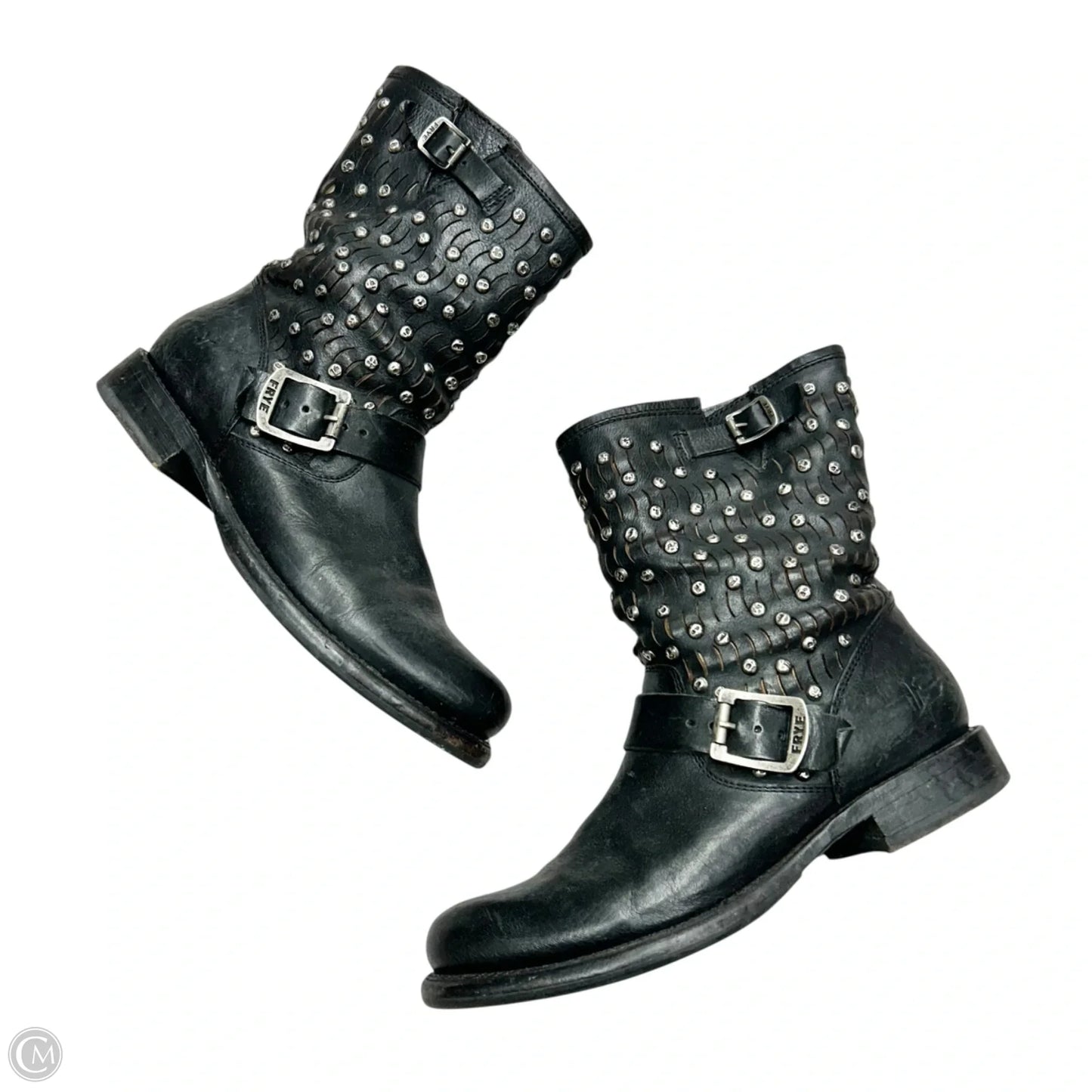 Boots Designer By Frye In Black & Silver, Size: 8.5