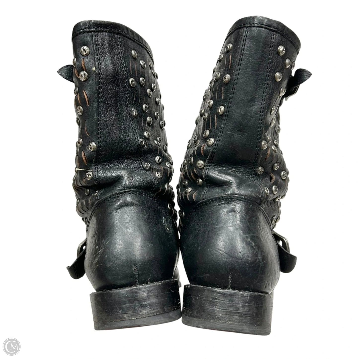 Boots Designer By Frye In Black & Silver, Size: 8.5