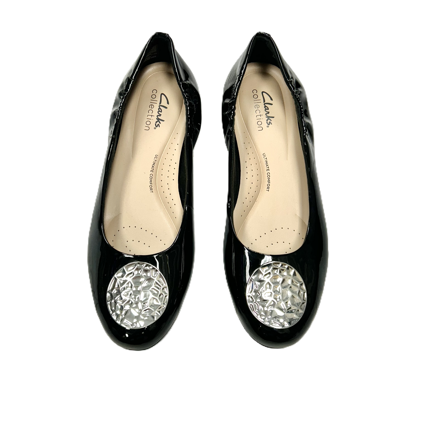Black & Silver Shoes Flats By Clarks, Size: 7