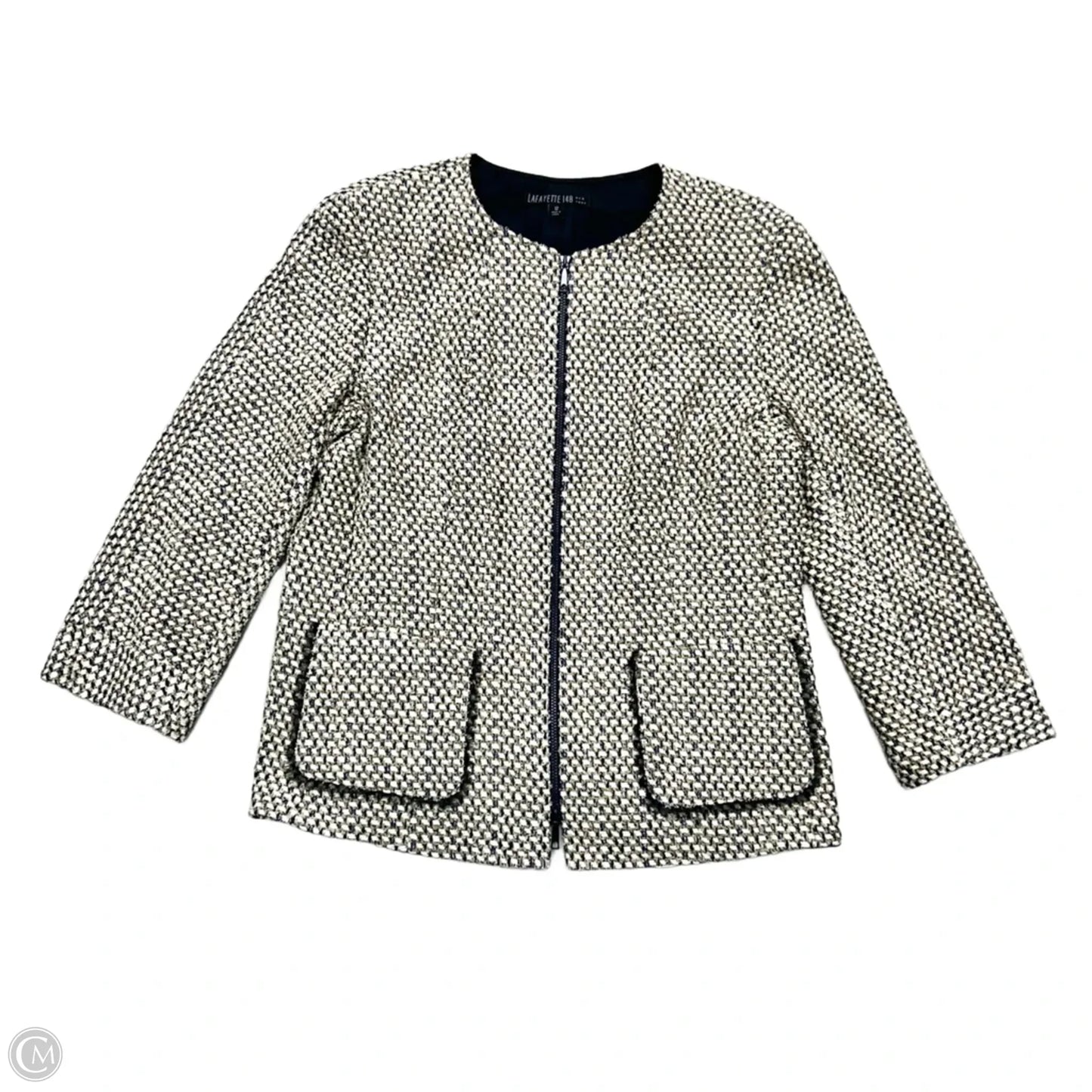 Blazer Designer By Lafayette 148 In Blue & Cream, Size: L