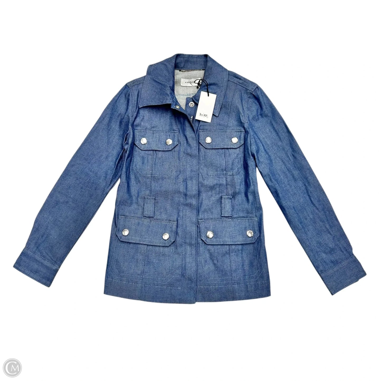 Jacket Designer By Coach In Blue Denim, Size: Xs
