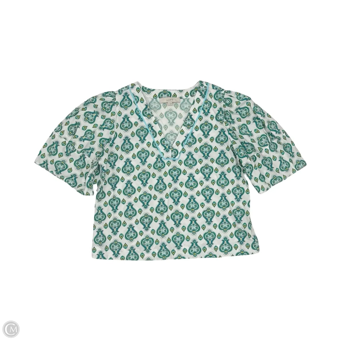 Blouse Short Sleeve By Loft In Green & White, Size: M