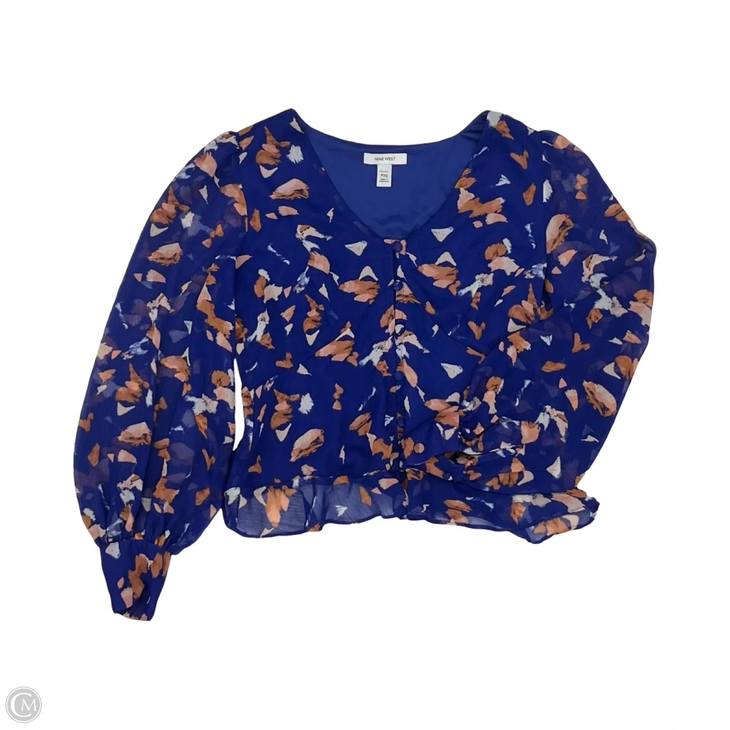 Blouse Long Sleeve By Nine West In Blue & Brown, Size: Xsp
