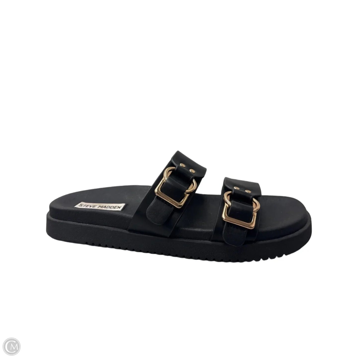Sandals Flats By Steve Madden In Black & Gold, Size: 9