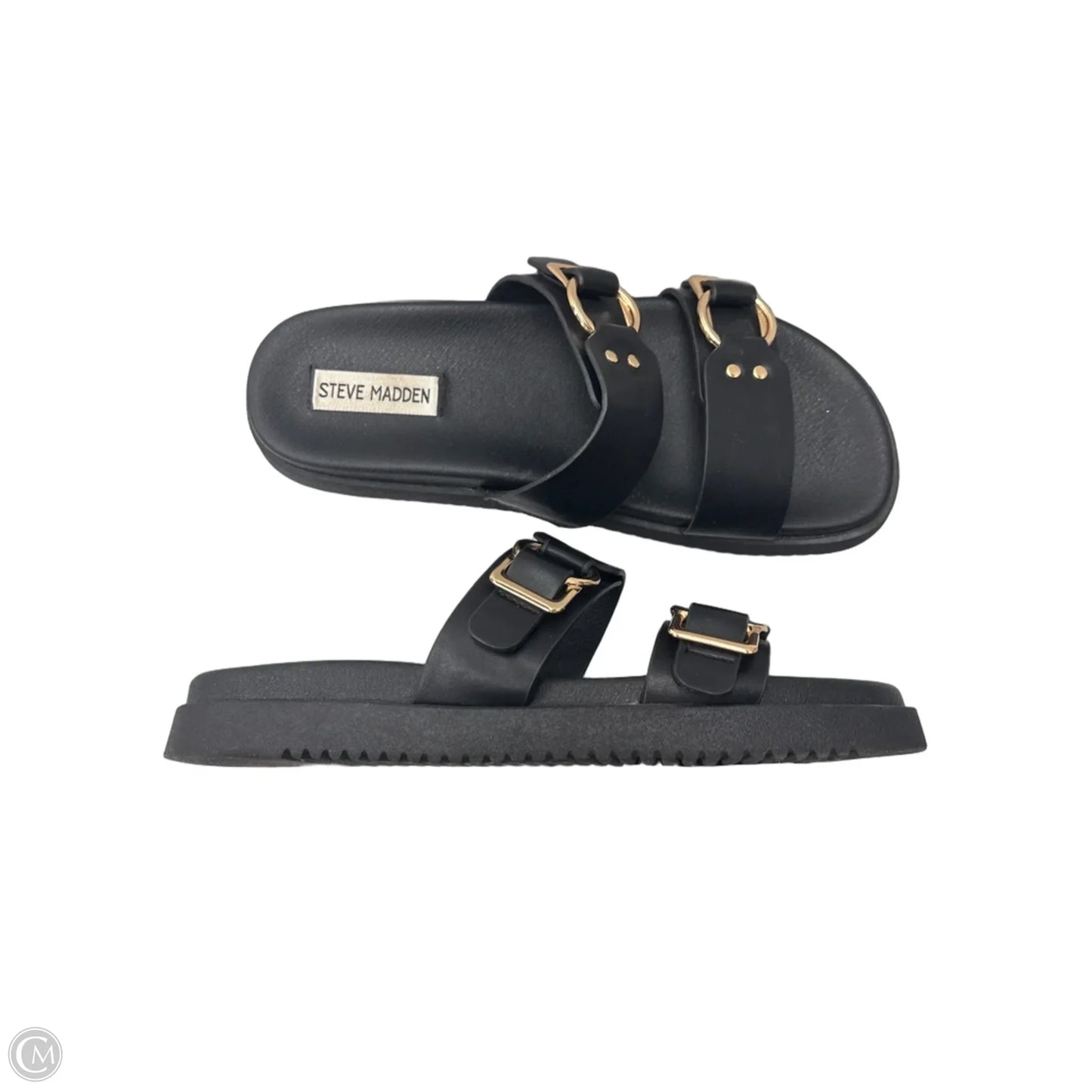 Sandals Flats By Steve Madden In Black & Gold, Size: 9