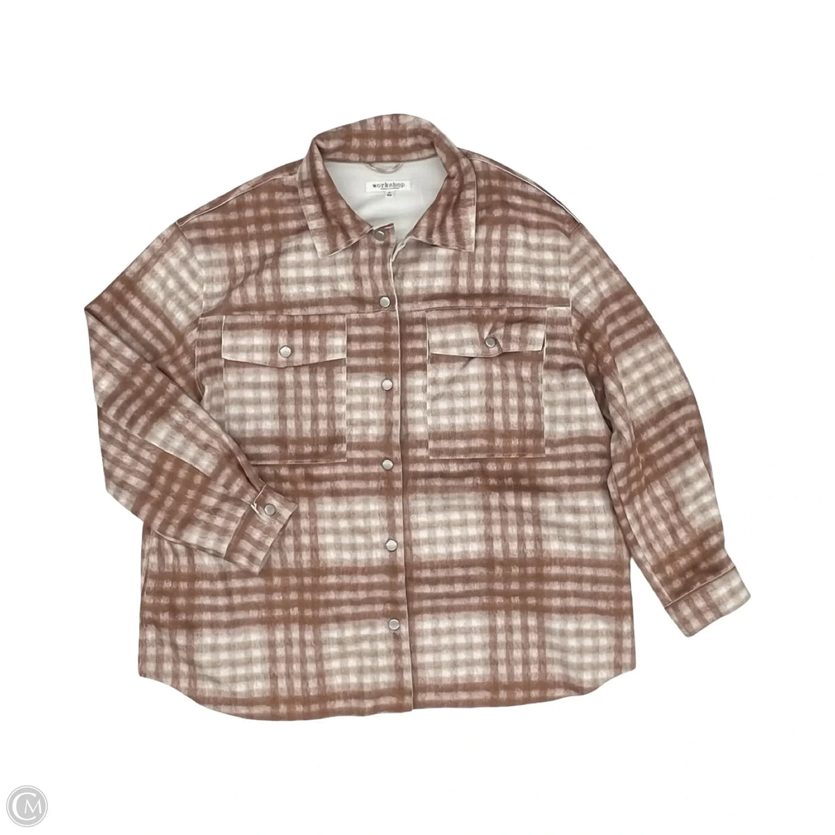Jacket Shirt By Workshop In Brown & Cream, Size: L
