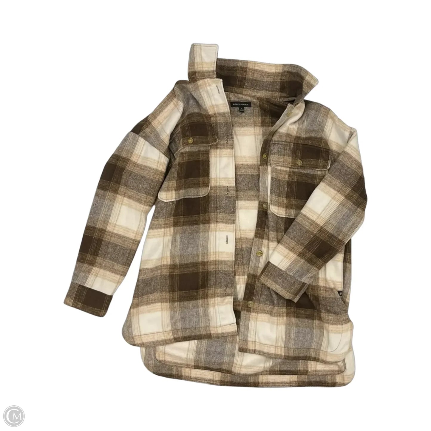 Jacket Shirt By Banana Republic In Brown & Cream, Size: L